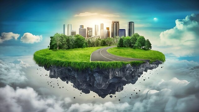 Flying land with beautiful landscape, green grass and road and modern city. 3d illustration of floating forest island isolated with clouds