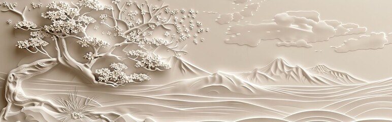 Beautiful sakura tree and mountain 3d relief wallpaper. Mural wallpaper. Wall art. AI generated illustration.