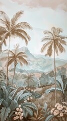 Tropical forest landscape wallpaper design - Mural wallpaper - 3D illustration. AI generated illustration