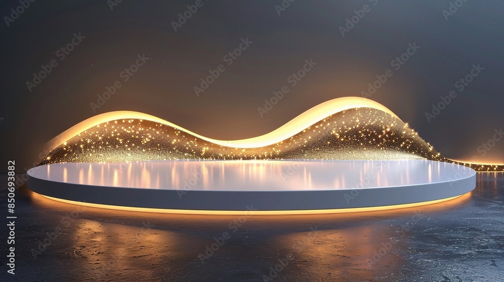Poster podium adorned with sparkling golden curve line elements. this high-quality display exudes elegance