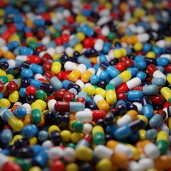 Pharmaceutical industry bunch of various colours white capsule pills on a white background - Medicine healthcare medicament. 3D illustration