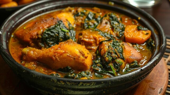 Angolan national dish Moamba de Galinha chicken stew palm oil spices pumpkin spinach