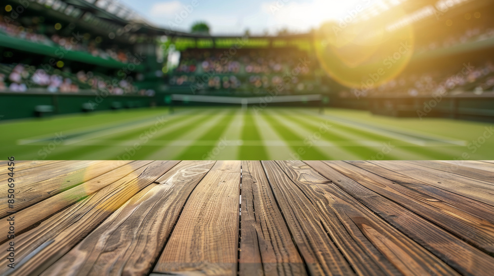 Wall mural a blank product display table top with tennis stadium blurred background