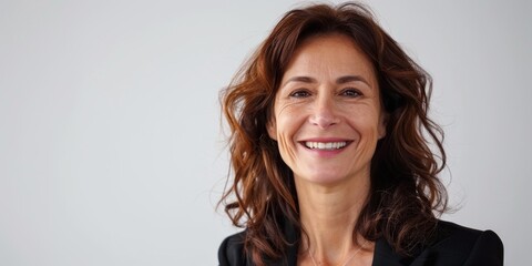 Naklejka premium Portrait of a Smiling Mature Black-haired Businesswoman Looking at the Camera on a White Background. Representing Business Success and Professionalism in High-Resolution AI-Generated Wallpaper