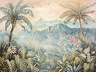 Tropical forest landscape wallpaper design - Mural wallpaper - 3D illustration. AI generated illustration