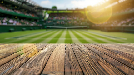 a blank product display table top with tennis stadium blurred background