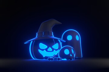 Jack-o-Lantern pumpkins wearing witch hat and skull and bones with bright glowing futuristic blue neon lights on black background. Happy Halloween concept. 3D render illustration