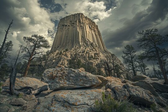Captivating view of devils tower with a stormy sky, highlighting its unique geology