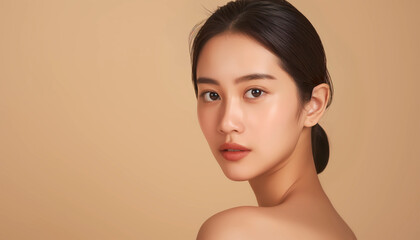 A portrait of a young woman exuding serene elegance with her flawless skin and subtle expression