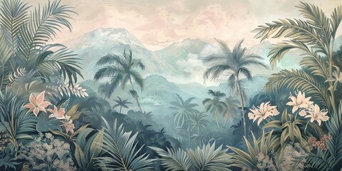 Tropical forest landscape wallpaper design - Mural wallpaper - 3D illustration. AI generated illustration