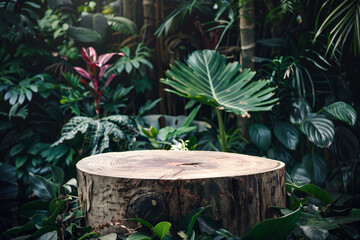 Empty tree trunk offering natural showcase surrounded by lush green foliage