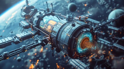 Fototapeta premium High-tech satellite with holographic UI, orbiting an advanced space station, futuristic digital illustration with intricate details