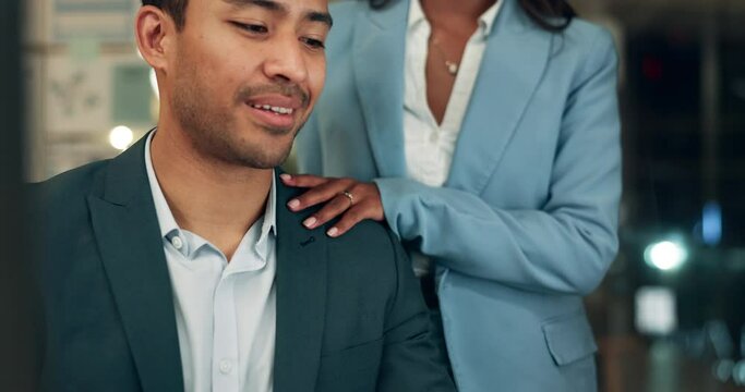 Business people, flirt and night with touch at office for love, affair or relationship at workplace. Closeup of businessman with colleague or mistress for embrace, affection or corporate marrage