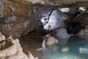 Stalagmites formed in a lime stone cave made by mineral rich water for a very long time - France Europe