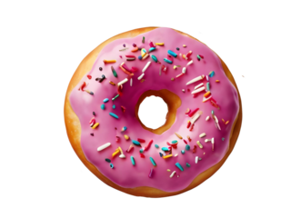donut with pink glaze and sprinkles isolated on transparent background, png