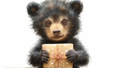 Obraz premium This delightful image captures a teddy bear cub presenting a gift box with a pink ribbon, a universal symbol of affection