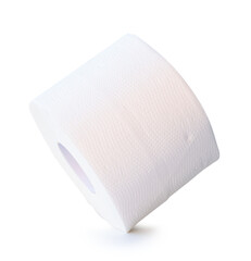 Side view of single tissue paper roll or toilet paper isolated with clipping path and shadow in png file format