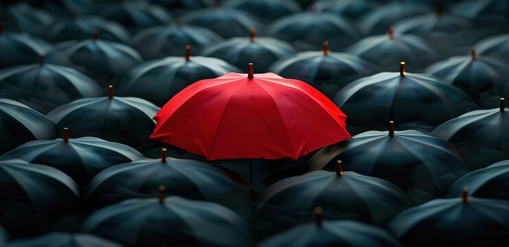 A red umbrella blooming among black umbrellas with a blur effect background