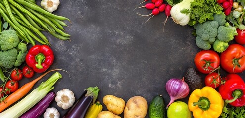 A collection of various kinds of circle-shaped vegetables in the photo on a textured black background