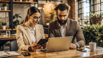 B2B Marketing Strategy Session: Two marketing professionals strategizing a B2B marketing approach using digital analytics and campaign planning tools in a contemporary office.	
