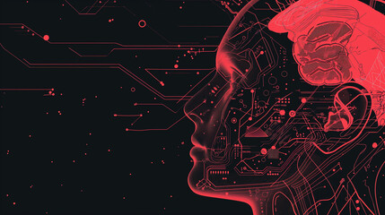 AI (artificial Intelligence) concept. Head side of woman with double exposure of digital immersive AI artificial intelligence interface over black background. Concept of machine learning. Copy space.
