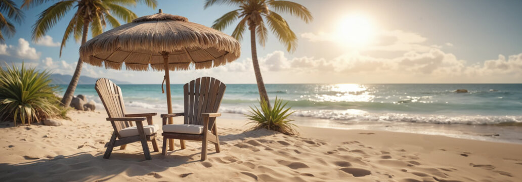 Parasol &agrave; franges et fauteuil en bois nature en bord de mer, avec espace vide pour du texte