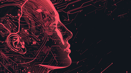 AI (artificial Intelligence) concept. Head side of woman with double exposure of digital immersive AI artificial intelligence interface over black background. Concept of machine learning. Copy space.