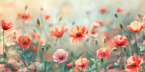 Fototapeta premium Red poppies blooming in a summer meadow, creating a striking and vibrant background. Perfect for designs, seasonal promotions, and nature-themed projects, copy space