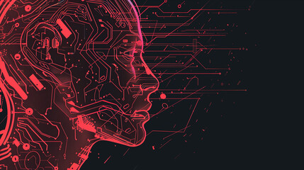 AI (artificial Intelligence) concept. Head side of woman with double exposure of digital immersive AI artificial intelligence interface over black background. Concept of machine learning. Copy space.