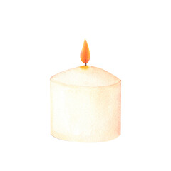 Wax or paraffin white candle. Watercolor illustration for festive occasion or spa theme. Hand drawn clipart for postcard, printing , candlemakers