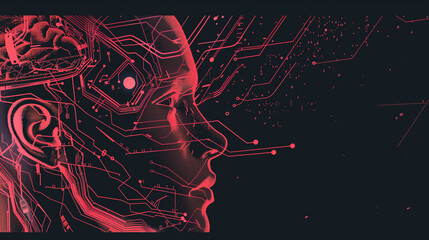 AI (artificial Intelligence) concept. Head side of woman with double exposure of digital immersive AI artificial intelligence interface over black background. Concept of machine learning. Copy space.