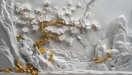 3D relief background, white and gold colors, landscape with a tree of life, mountain range in the style of Chinese art small trees in the foreground, white flowers