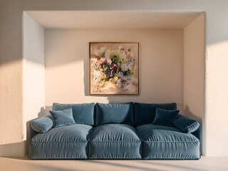 A modern living room interior with a blue couch and a white wall with a painting on it Ai generative.