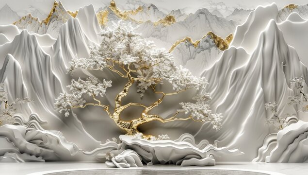 3D relief background, white and gold colors, landscape with a tree of life, mountain range in the style of Chinese art small trees in the foreground, white flowers