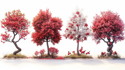 Obraz premium Highly Detailed Ultra-Realistic Images of Various Trees: Cotidores with Red Flowers, Pomegranate, Rowan with Red Berries, and Apple with Red Apples, Isolated on White Background, High Resolution for D