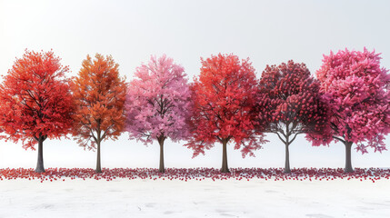 Highly Detailed Ultra-Realistic Images of Various Trees: Cotidores with Red Flowers, Pomegranate, Rowan with Red Berries, and Apple with Red Apples, Isolated on White Background, High Resolution for D