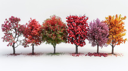 Highly Detailed Ultra-Realistic Images of Various Trees: Cotidores with Red Flowers, Pomegranate, Rowan with Red Berries, and Apple with Red Apples, Isolated on White Background, High Resolution for D