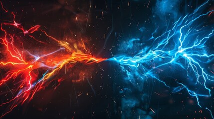 Obraz premium Dynamic clash of red and blue electrical lightning bolts, symbolizing energy and power in a vibrant abstract background.