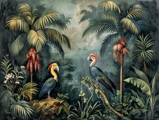 Illustration of tropical wallpaper print design with palm banana leaves and exotic birds on canvas texture. Tropical plants and birds on textured background. AI generated illustration