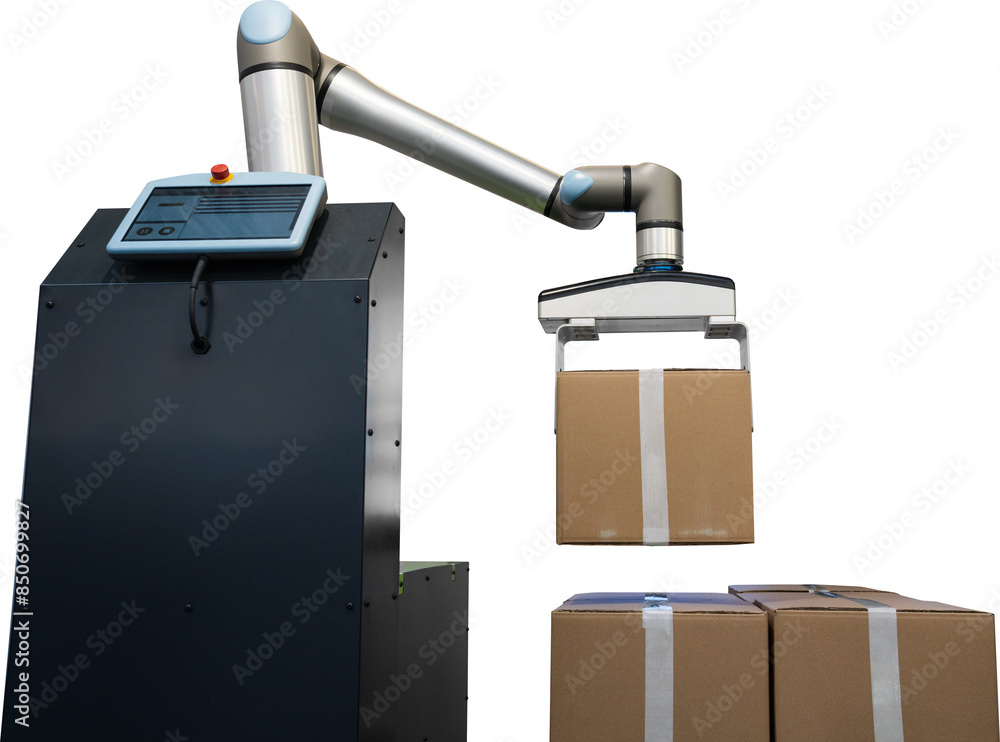 Poster robot arm moves boxes in an automatic warehouse. isolated