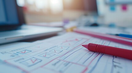 Red marker ticks off critical checkboxes on a clear survey sheet, details and transparency