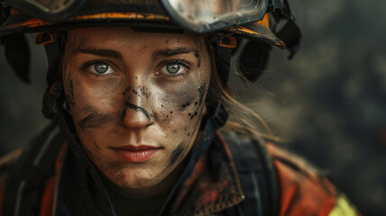 Portrait of a female firefighter with soot on her face, determined and strong-willed