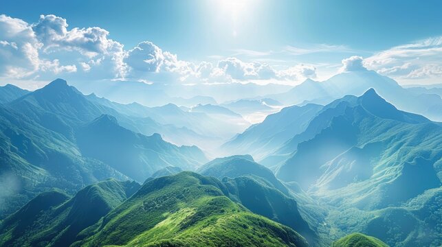 Clean air environment with a clear blue sky over lush mountains, promoting wellness and purity