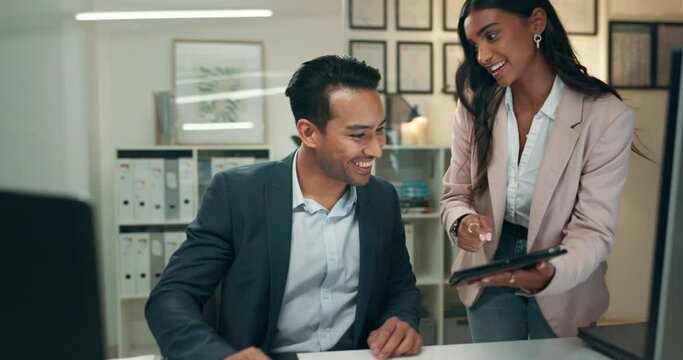 Business people, solution and high five at night on tablet for data analytics report, target or stats results in office. Financial analyst or accountant with hands together for digital sales and news - Powered by Adobe