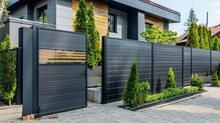 Anthracite-colored fence with sliding gate, modern design elements, stylish and functional, suburban neighborhood