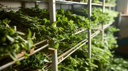 Herbal Harvest: Aromatic Freshly Picked Herbs Drying on Wooden Rack