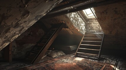 Attic with open hatch and folding metal stairs, detailed and intricate steps, raw aesthetic, soft evening light
