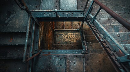 Attic with open hatch and folding metal stairs, detailed and intricate steps, raw aesthetic, soft evening light
