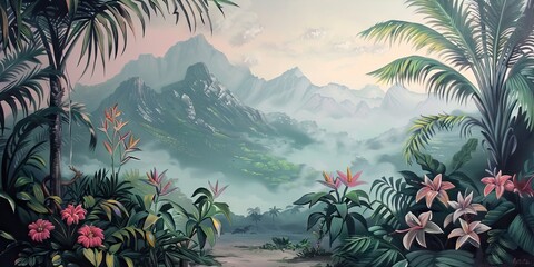 Colorful tropical rainforest. palm leaves and other plants. Aloha textile collection. Tropical forest with dense vegetation of trees, shrubs and vines. AI generated illustration