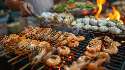 Sizzling Fresh Seafood Delicacies on the Grill, Cooking Delicious Seafood Outdoors in Summer